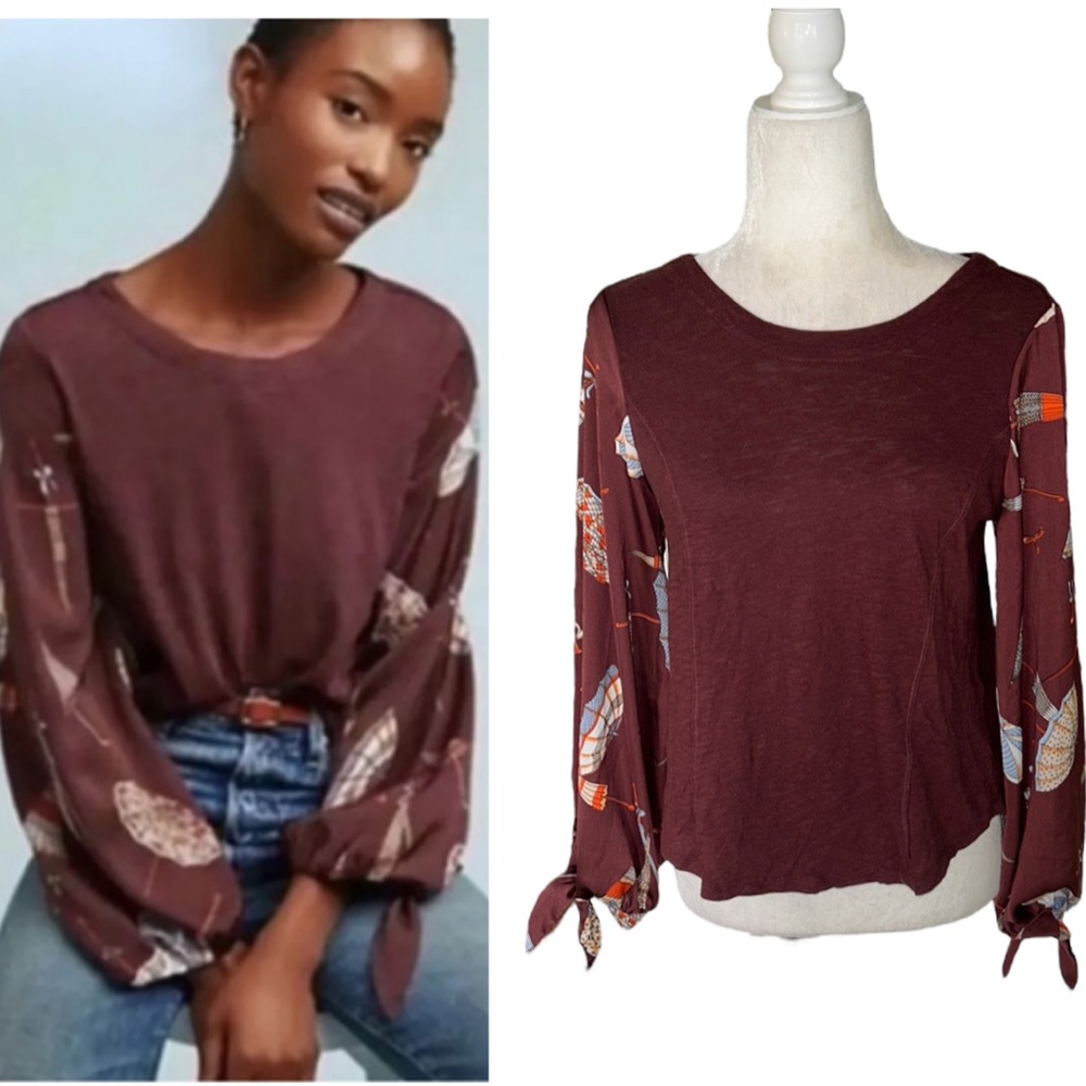 Anthro Akemi + Kin Burgundy Maybelle Umbrella Print Tie Balloon Sleeve Top - XS